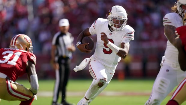 Oct 1, 2023; Santa Clara, California, USA; Arizona Cardinals quarterback Joshua Dobbs (9) runs the ball against the San Francisco 49ers in the third quarter at Levi's Stadium. Mandatory Credit: Cary Edmondson-USA TODAY Sports